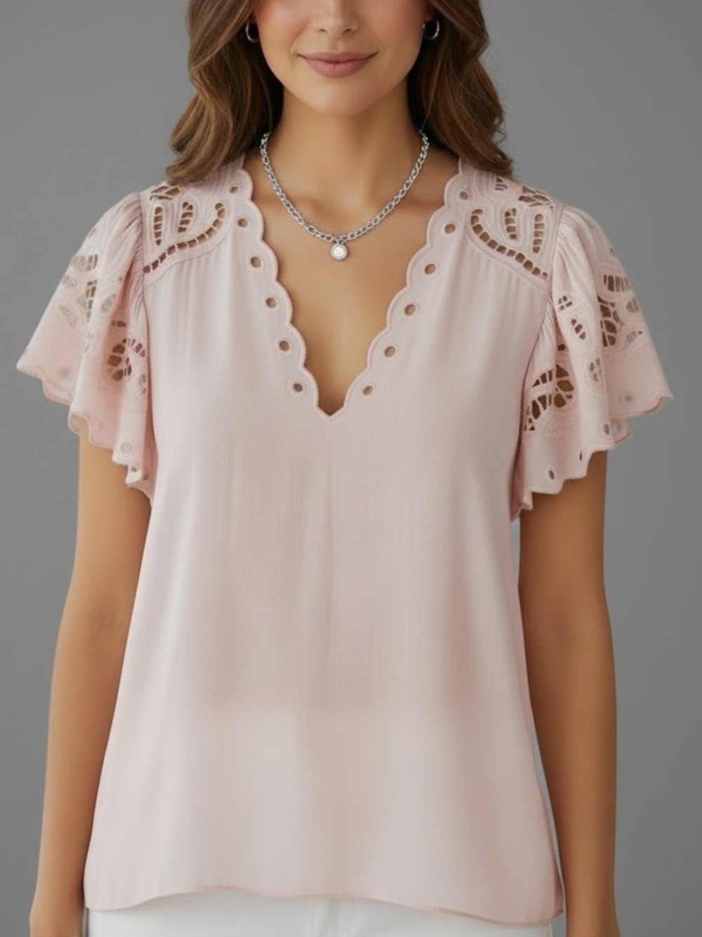 NWT RAMY BROOK Rochelle Eyelet Flutter Short Sleeve V-Neck Blouse Size X-Small